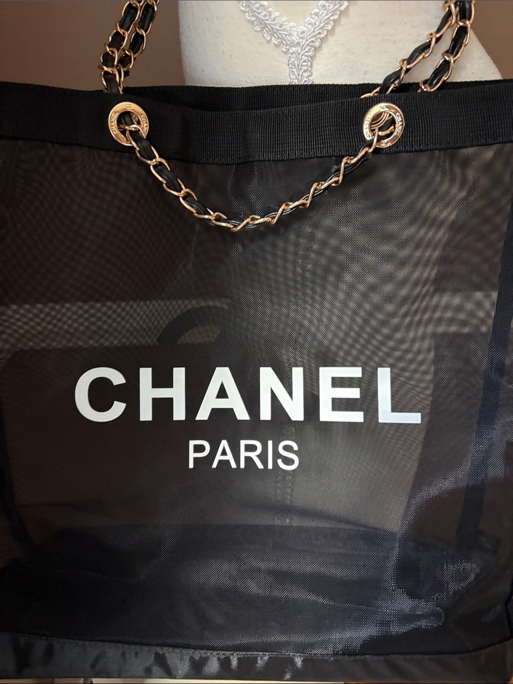 Fashion Chanel- Source Unknown Black Mesh Tote with Gold Chain Handles - Picture 2 of 7